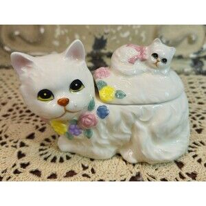Vintage Ceramic White Cat & Kitten Trinket Box w/ Lid or Covered Sugar Bowl